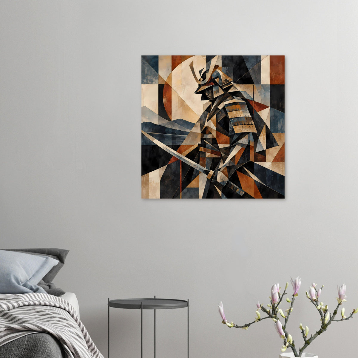 Quadratisches Poster mit geometrischem Samurai-Krieger, Patchwork in Erdtönen und Blau