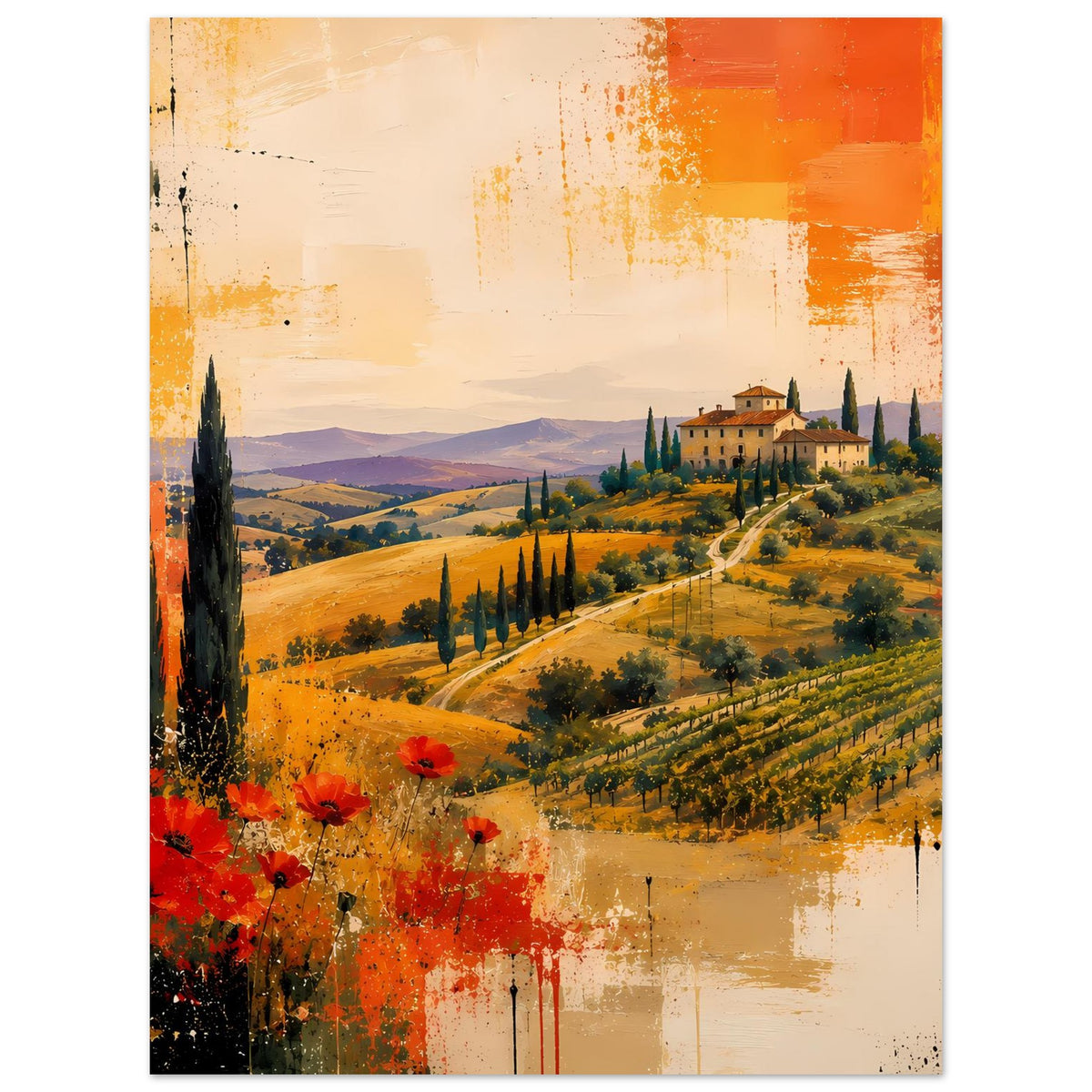 Abstraktes Poster mit toskanischer Landschaft, Zypressen und roten Mohnblumen in Orange