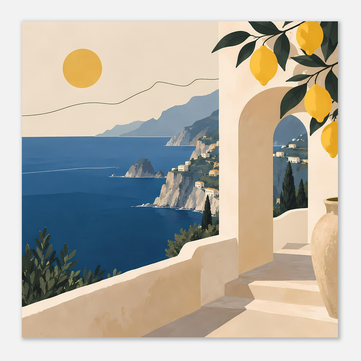 Mediterranes Landschaftsposter mit Balkonbogen, Zitronen und weitem Meerblick