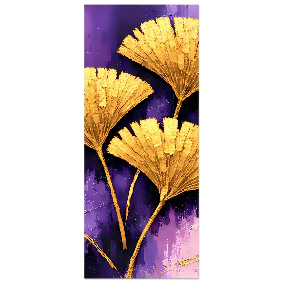 Vertikales Poster mit goldenen Ginkgo-Blättern auf violettem abstraktem Hintergrund