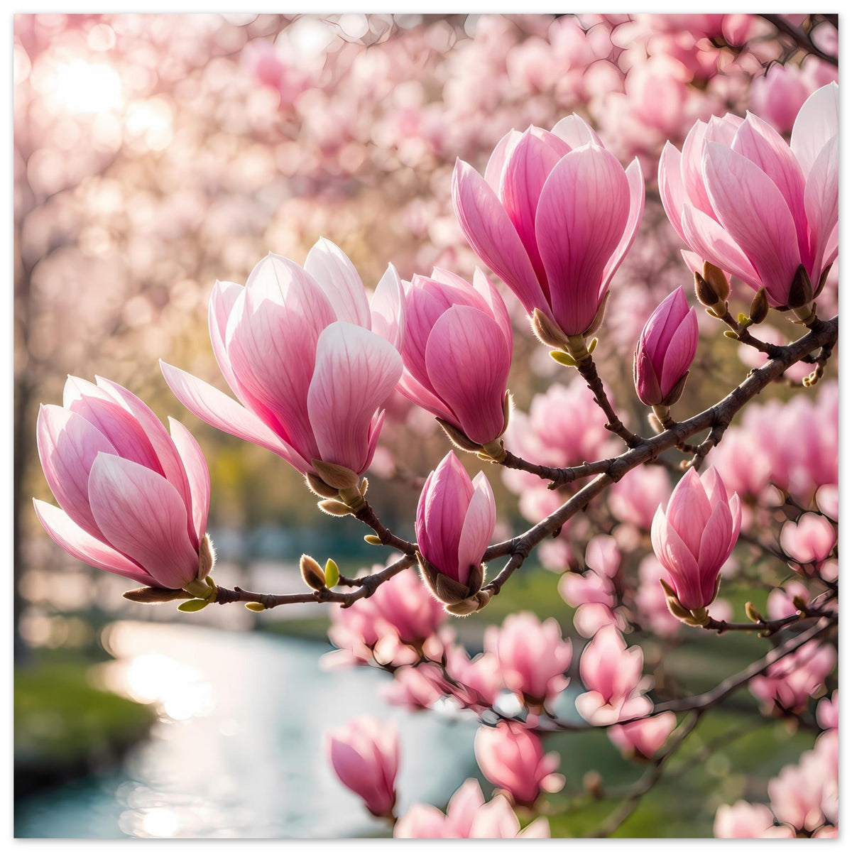 Blumenposter mit Magnolienblüten an Zweig, rosa und weiß, nahes Blütenmotiv