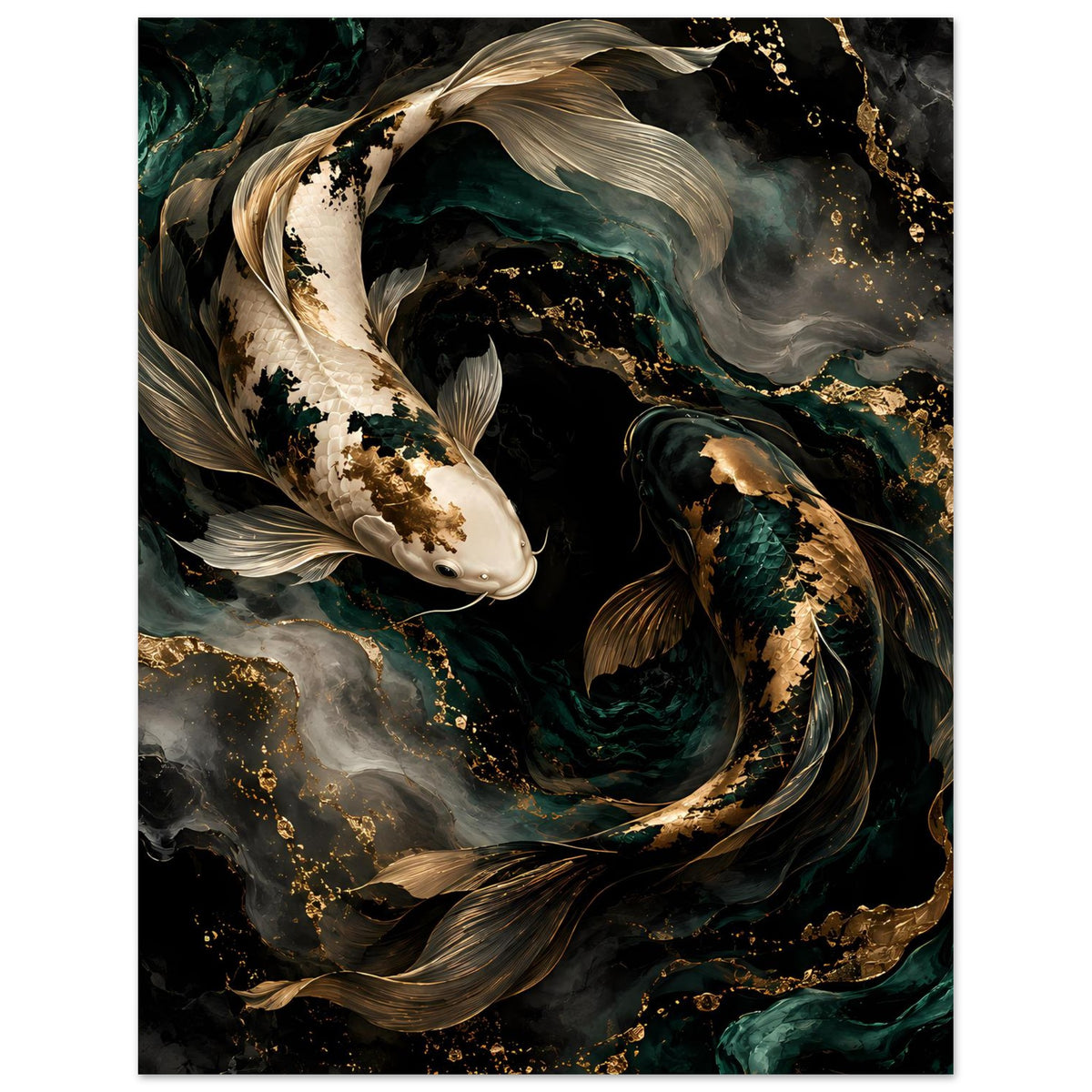 Kunstposter in vertikalem Ausschnitt: zwei Koi-Fische, Grün- und Goldtöne, goldene Sprenkel