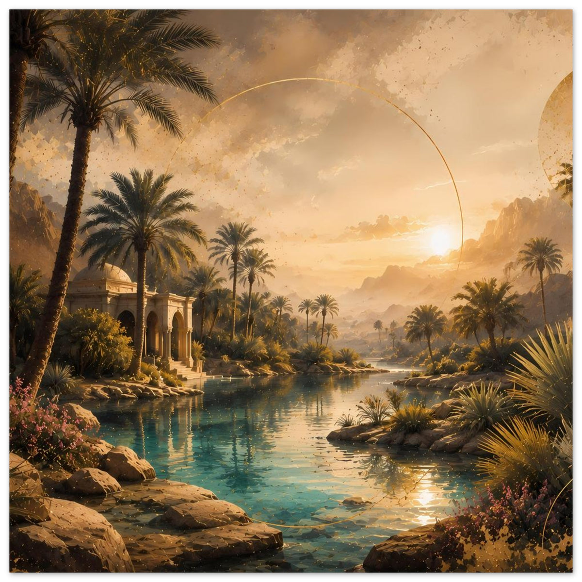 Wandposter mit Palmen, orientalischem Pavillon und türkisblauem See bei Sonnenaufgang