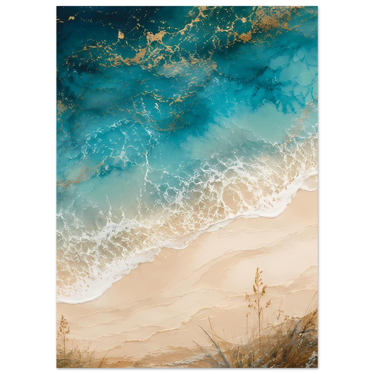 Küstenposter im Hochformat: blaues Wasser mit goldenen Sprenkeln, Wellen und hellem Sand
