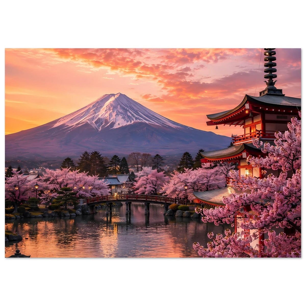 Poster mit Fuji-Berg, Kirschblüten, Tempel und warmem Sonnenuntergangslicht