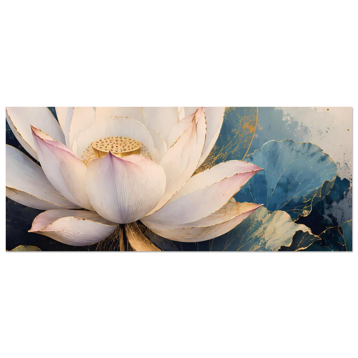 Lotusblumen-Poster im Querformat: weiße Blüte mit goldenen Akzenten und blau-grünem Motiv