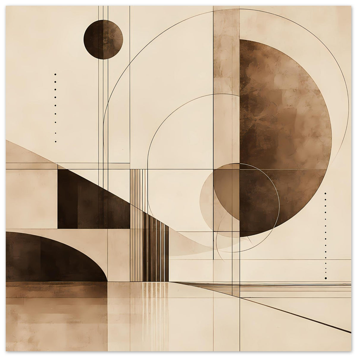 Gerahmter geometrischer Kunstdruck in Sepia mit Punktlinien, Kreisen und schrägen Balken