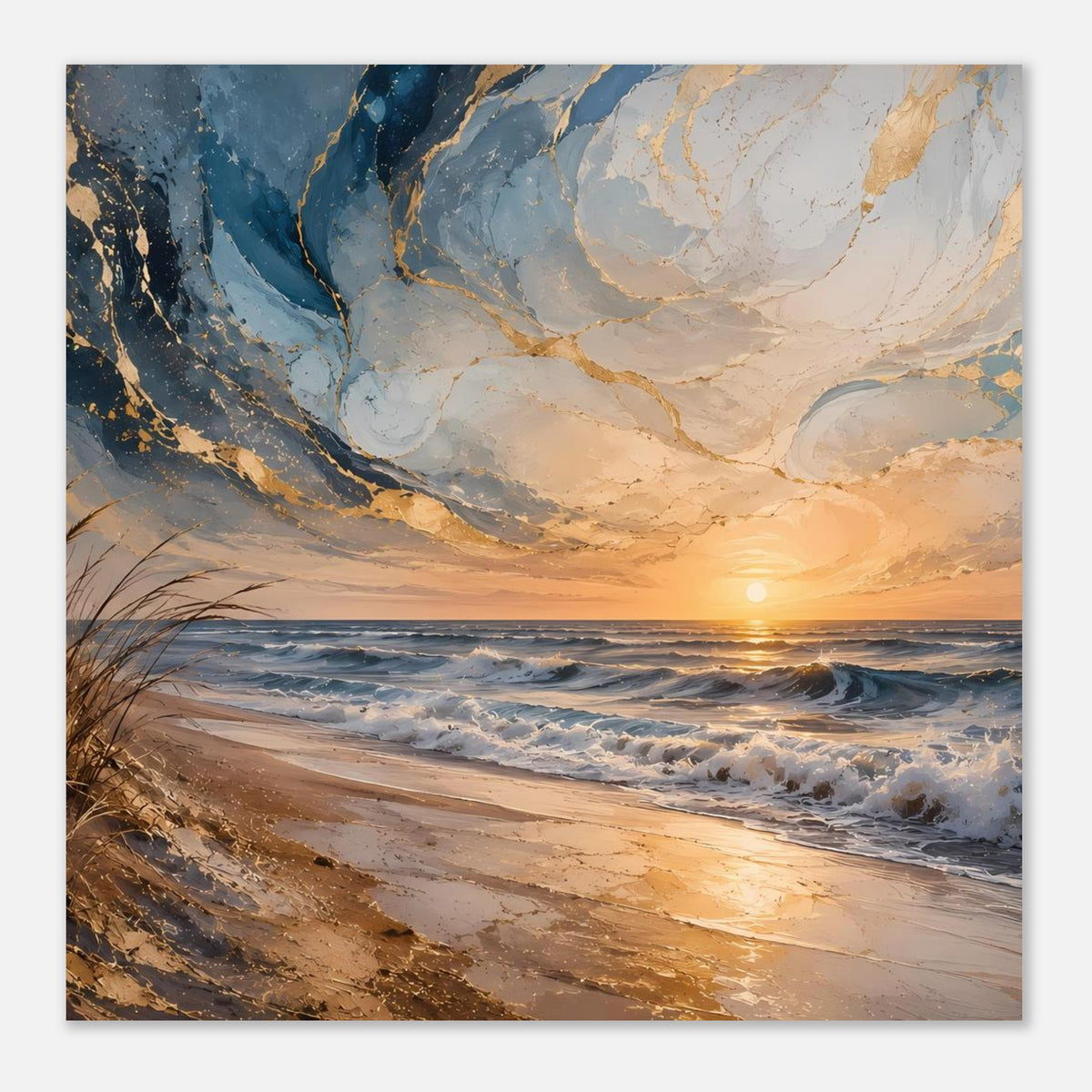 Nahansicht-Poster: Sandstrand mit Wellen, goldener Horizont und blau-beige Farbübergänge