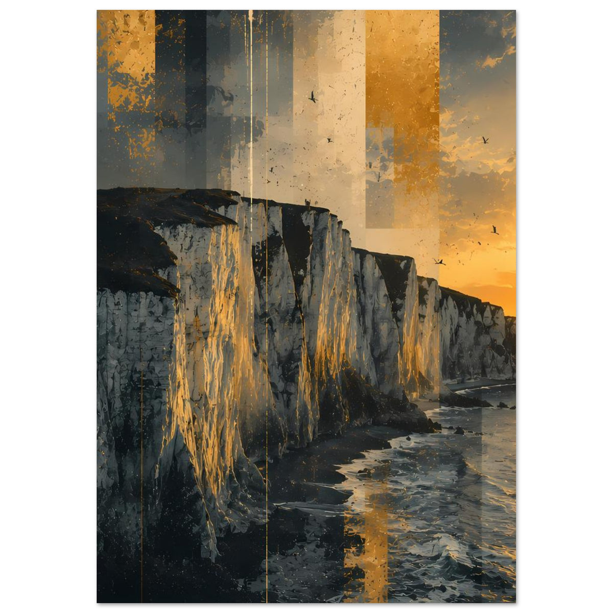 Poster mit Felswand zur Küste, orange-goldener Sonne und vereinzelten Vögeln