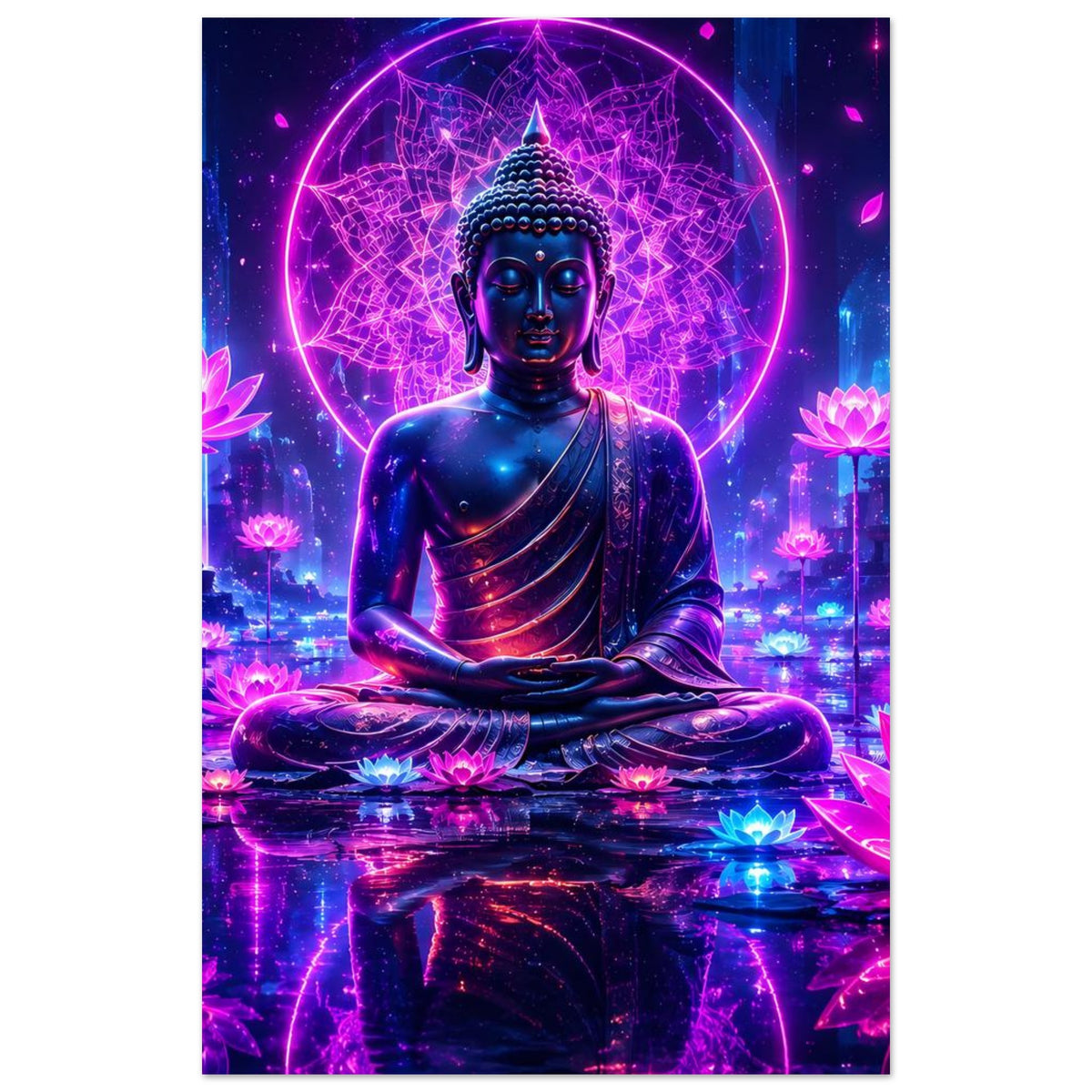 Neon-Buddha-Poster: meditierender blauer Buddha mit Lotusblüten und kreisförmiger Aura