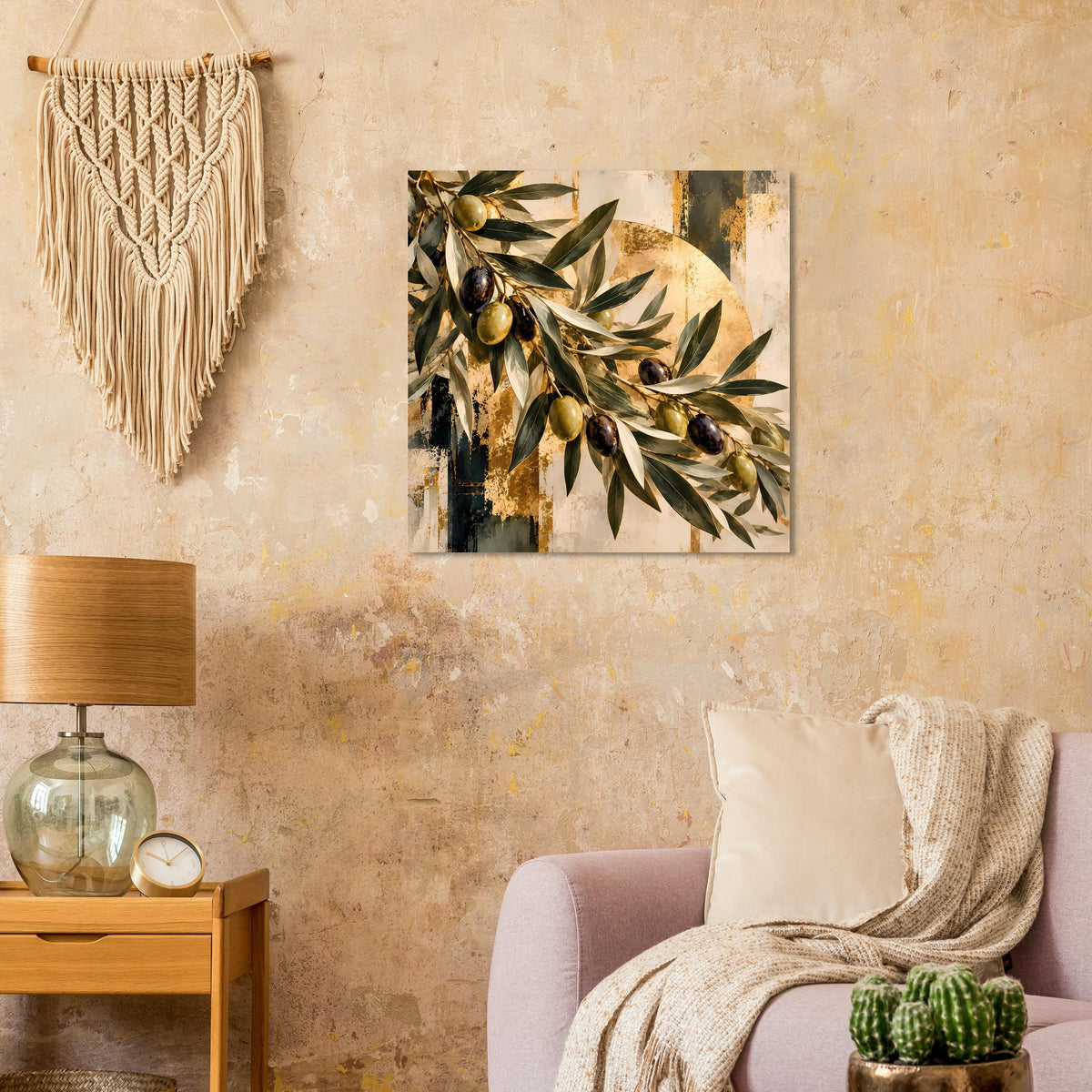 Botanisches Kunstposter mit Olivenzweigen und goldenen Tupfen in Grün und Gold