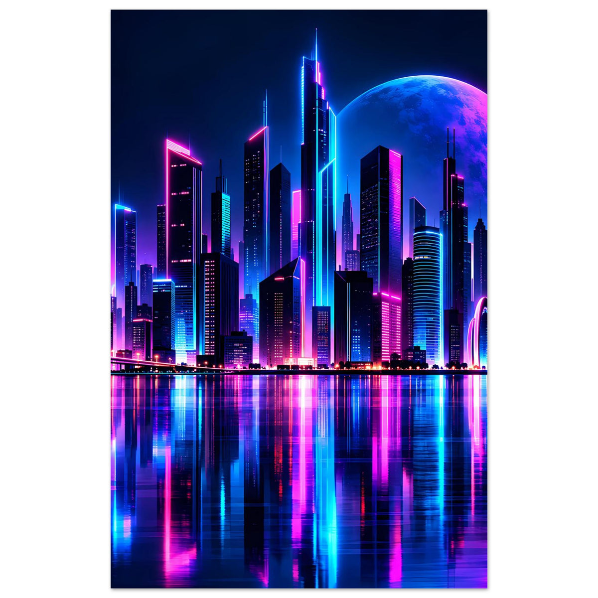 Neon-Skyline-Poster mit blauem Mond, leuchtenden Wolkenkratzern und Reflexion im Wasser