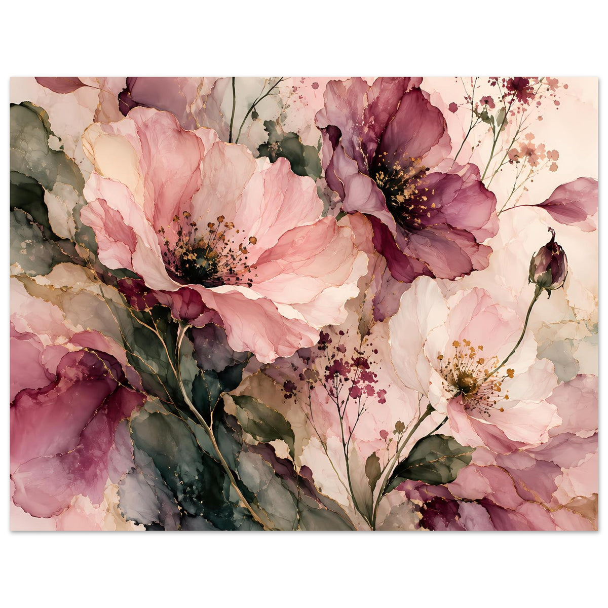 Blumenposter im Querformat mit rosa und bordeauxroten Blüten, feinen Stielen und dunkelgrünen Blättern