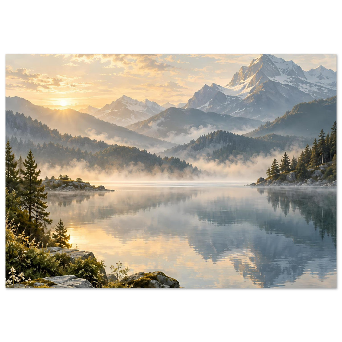 Landschaftsposter: goldenes Sonnenlicht über nebligem Bergsee mit Berggipfeln und Waldhängen