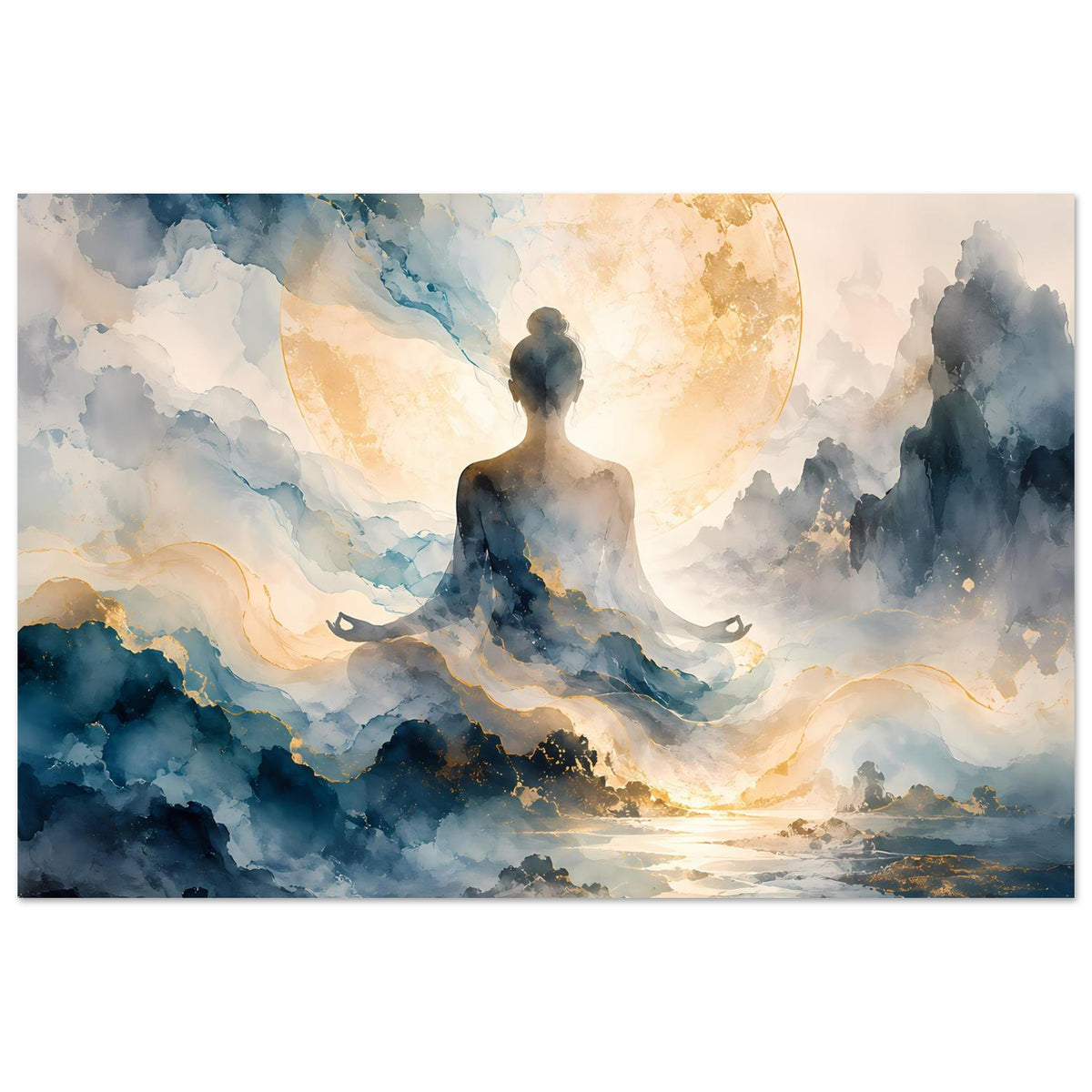 Zen-Poster im Querformat: Meditationsfigur vor goldgelbem Mond, Wolken in Blau und Grau