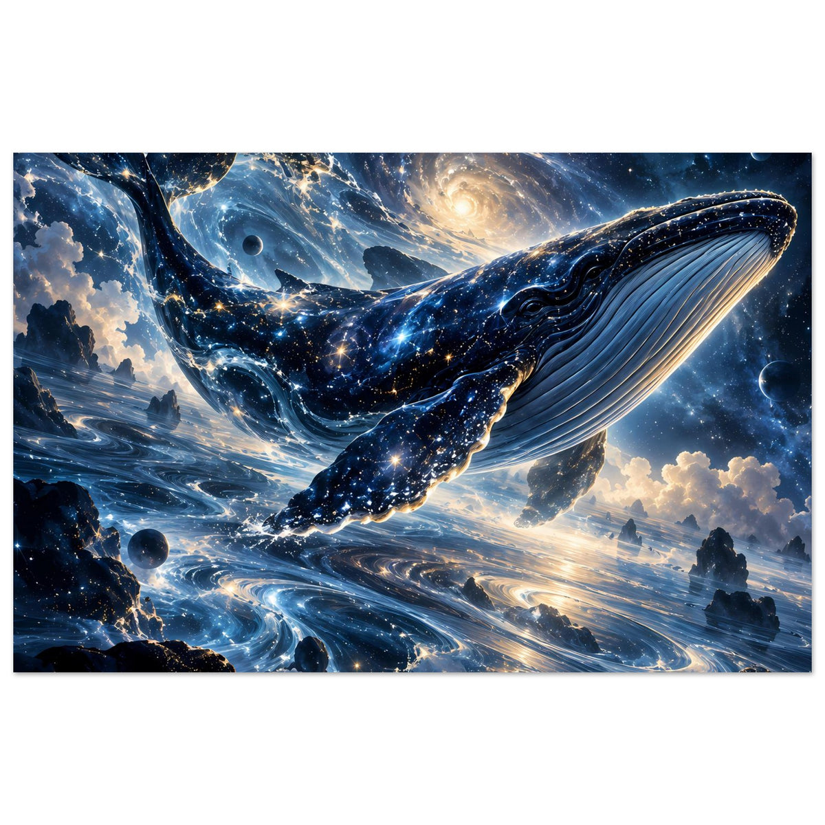 Kosmisches Wal-Fantasyposter mit blauem Sternenmeer und leuchtenden Planeten