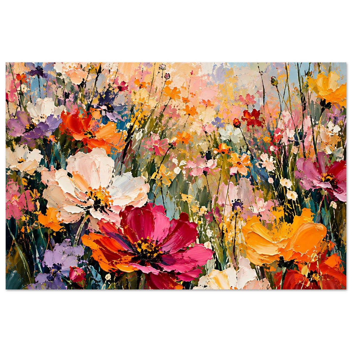 Blumenposter mit vielen Blütenstielen und Blütenköpfen, kräftige Orange-, Pink- und Violetttöne