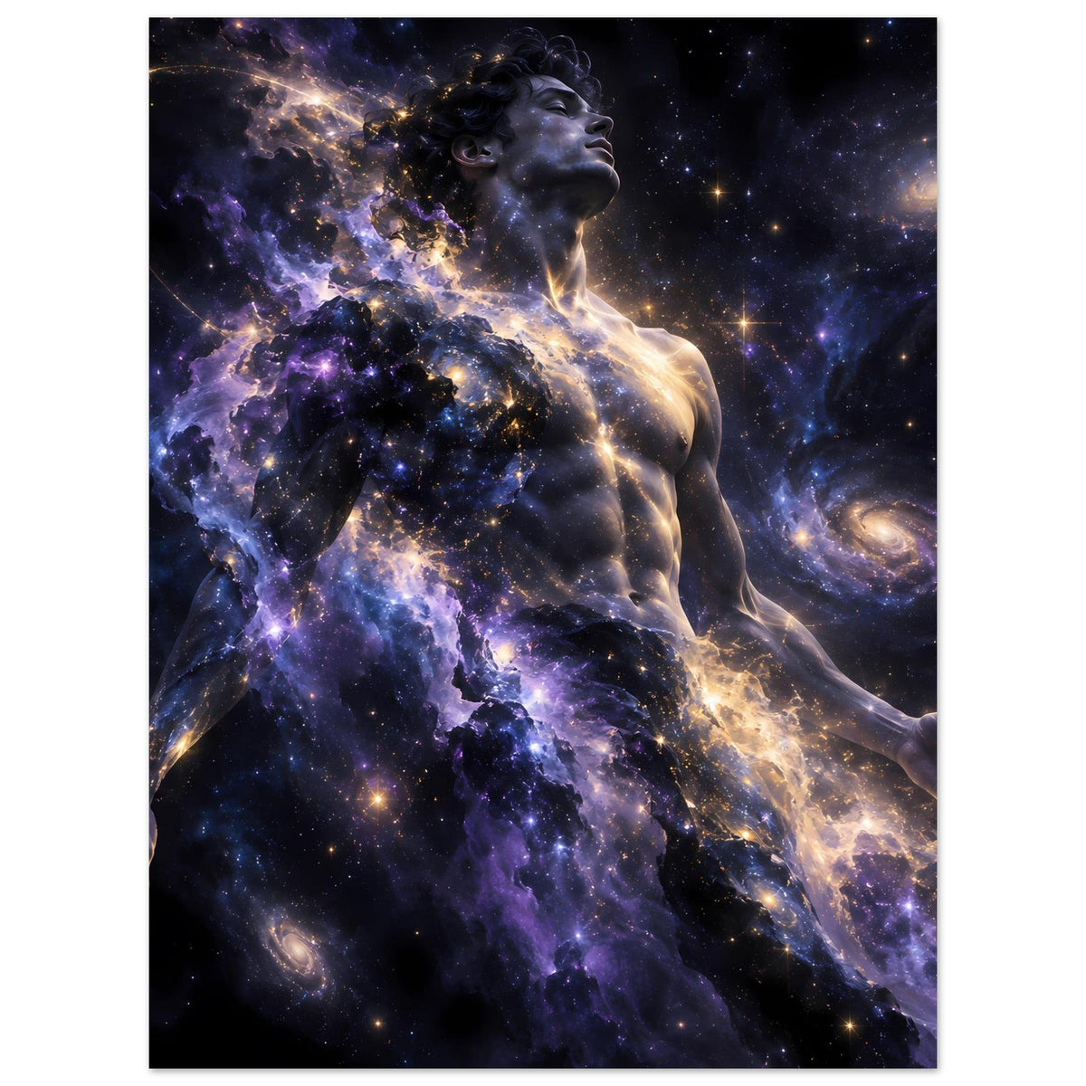 Galaxienposter mit Frauenfigur im Weltraumlook, Violett und goldene Lichtstränge