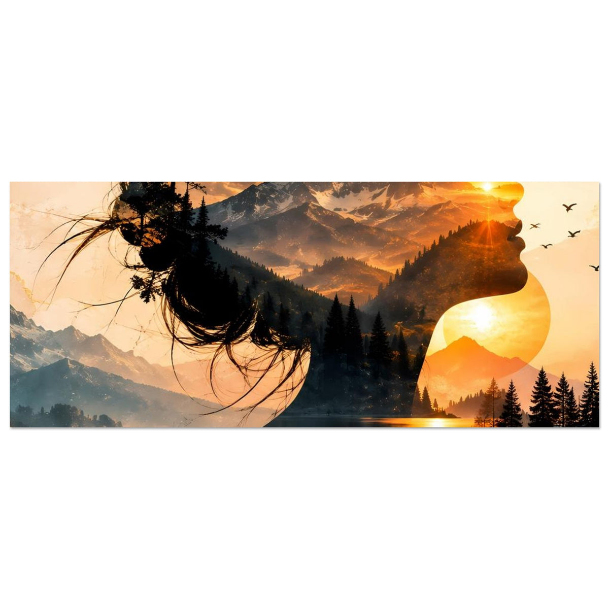 Poster (Ausschnitt): Profil-Silhouette, Berge und Tannen, See mit Sonnenreflex im Hintergrund