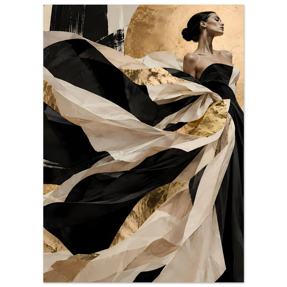Kunstposter im Hochformat mit Frau im schwarzen Kleid und gewellten Streifen in Beige und Gold