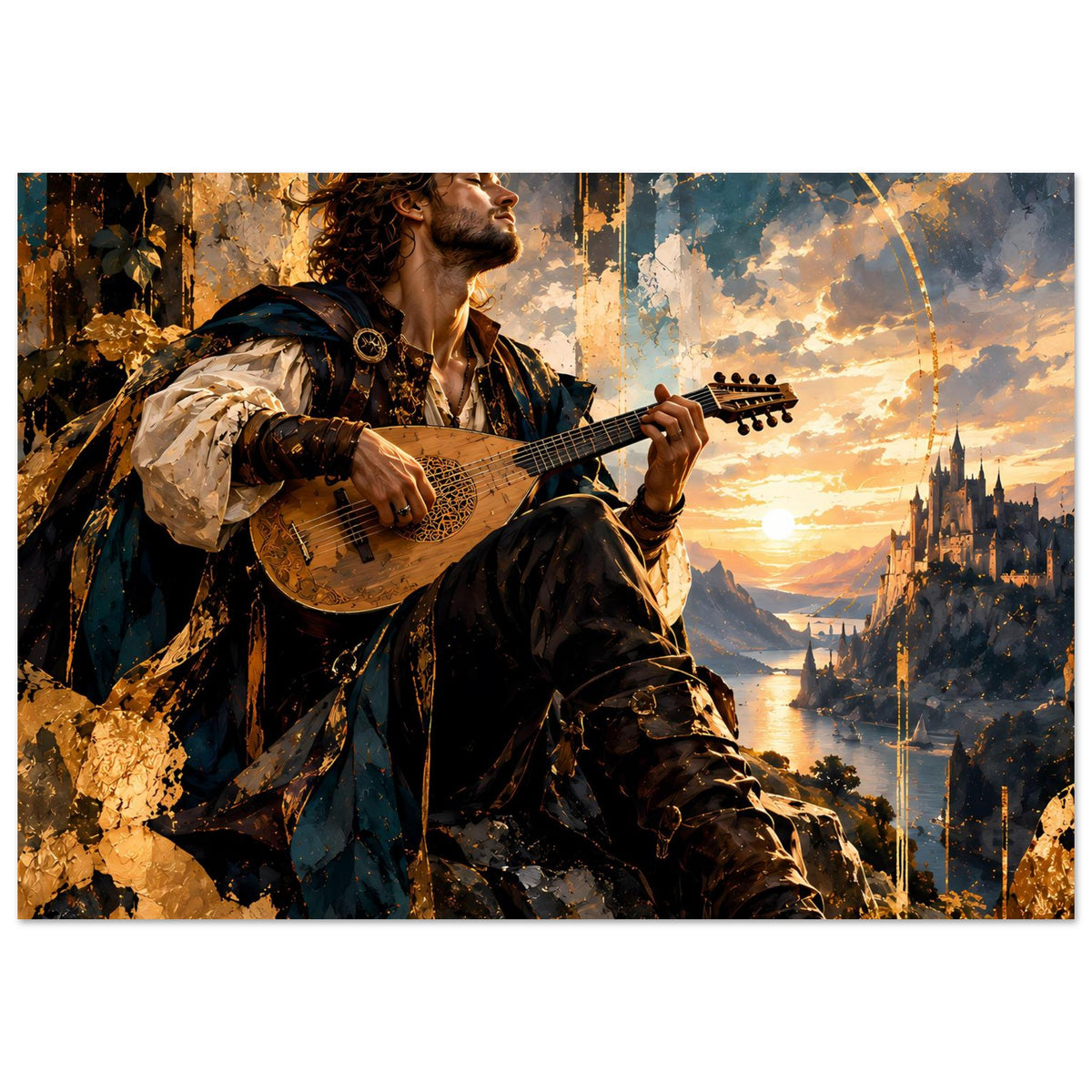 Horizontales Poster: Fantasy-Barde mit Gitarre, dramatischer Sonnenuntergang im Fantasy-Tal