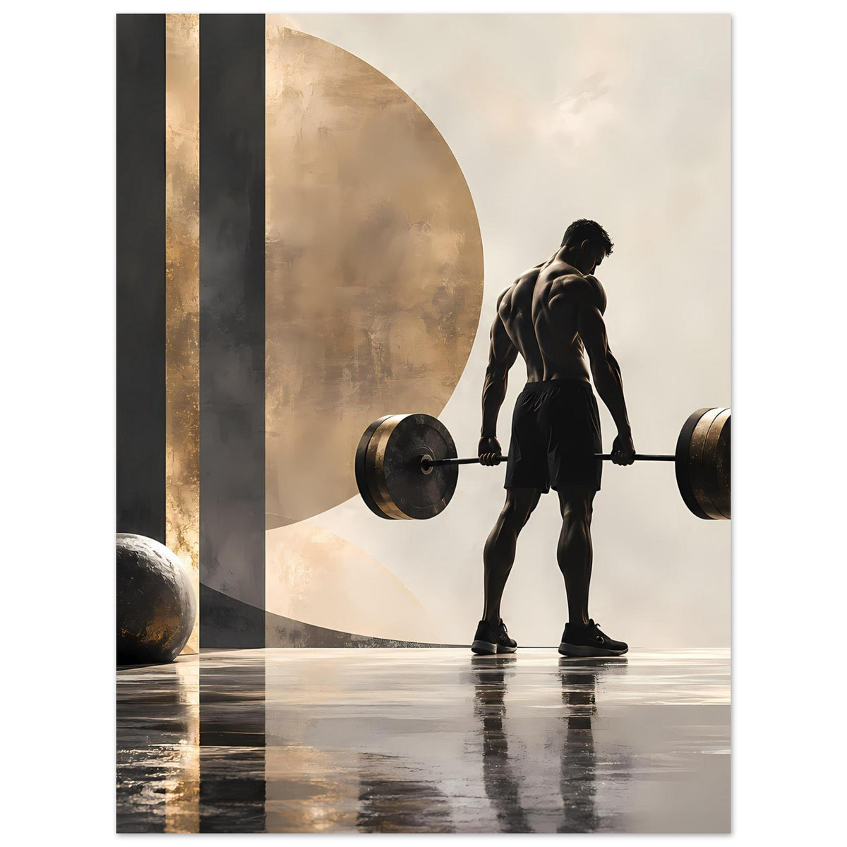 Krafttraining-Poster: Person mit Langhantel, abstrakte Bogenformen in Gold und Grau