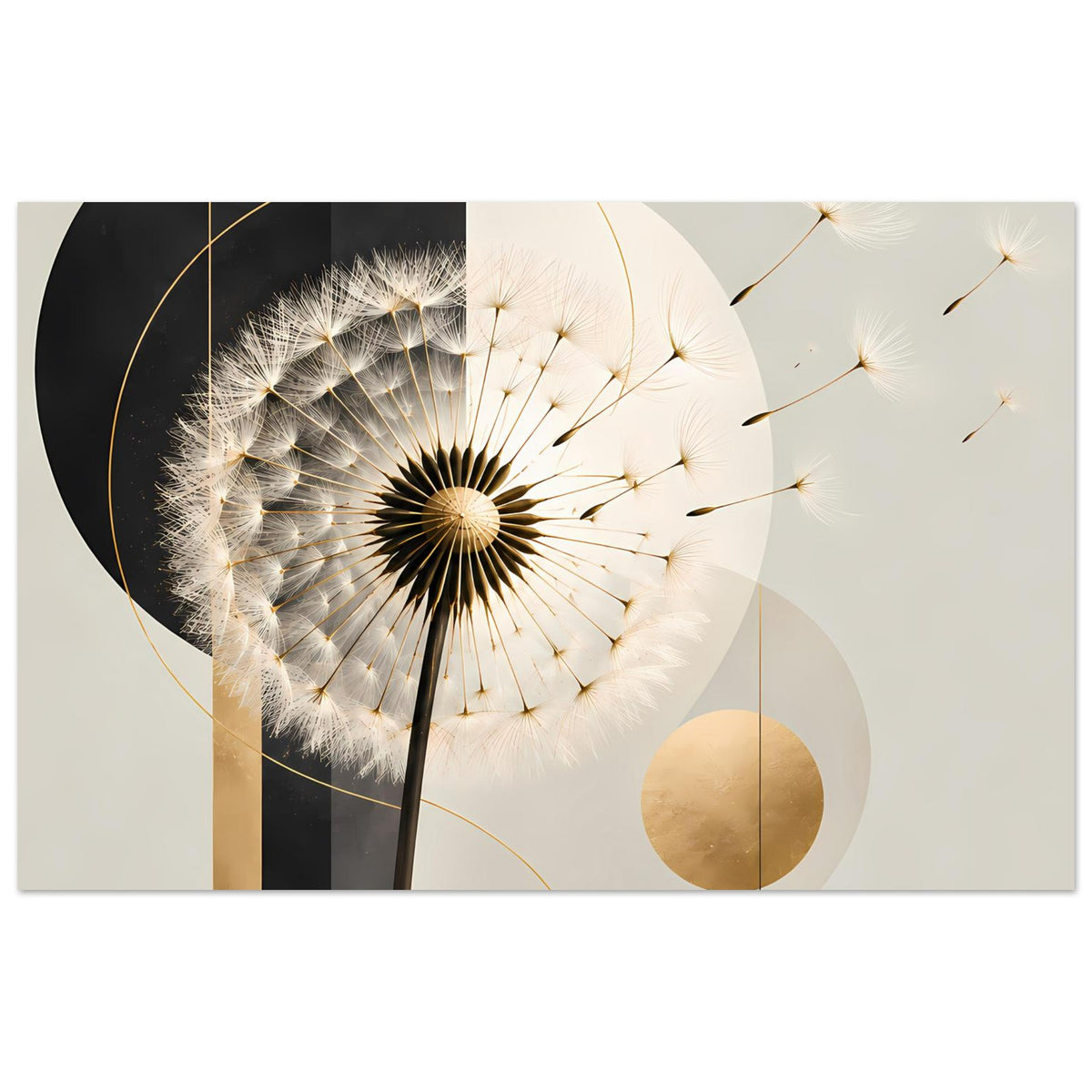 Dandelion-Poster mit Pusteblume, goldenen Linien und beigen Kreisen, abstrakte Komposition