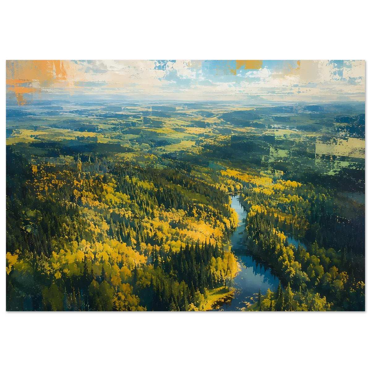 Poster im Hochformat mit Herbstlandschaft und Fluss, gelbe Bäume, dunkler Nadelwald