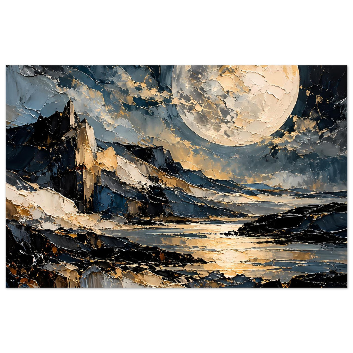 Mondschein-Poster: goldener Vollmond über Berge und See, abstrakte Pinselstruktur.