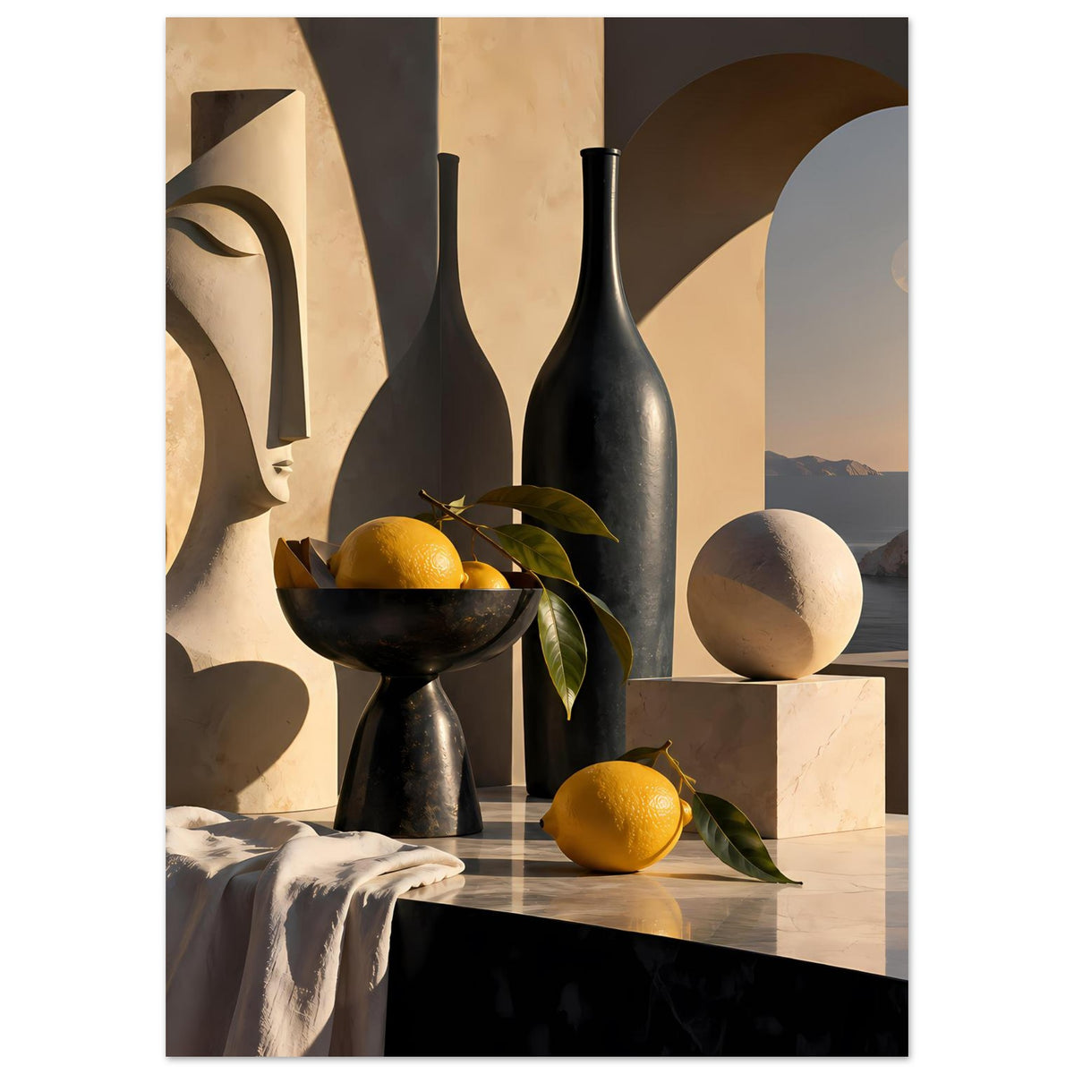 Hochformatiges Poster mit Stillleben: schwarze Vase und Schale, Zitrone, Blätter, Küstenblick
