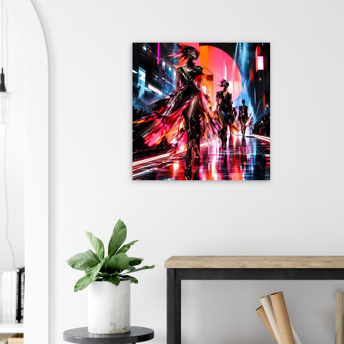 Neon-Fashion-Poster mit Mode-Silhouetten auf dem Laufsteg, quadratisch