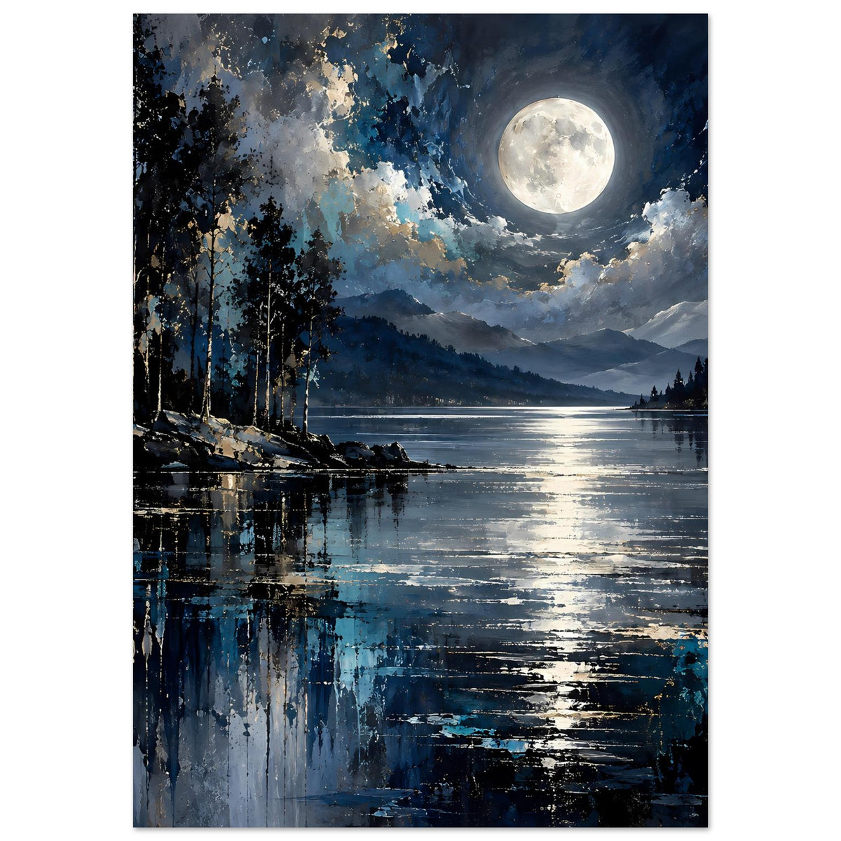 Hochformatiges Poster: Vollmond über ruhigem See, bewölkte Nachtlandschaft, Tannen am Rand