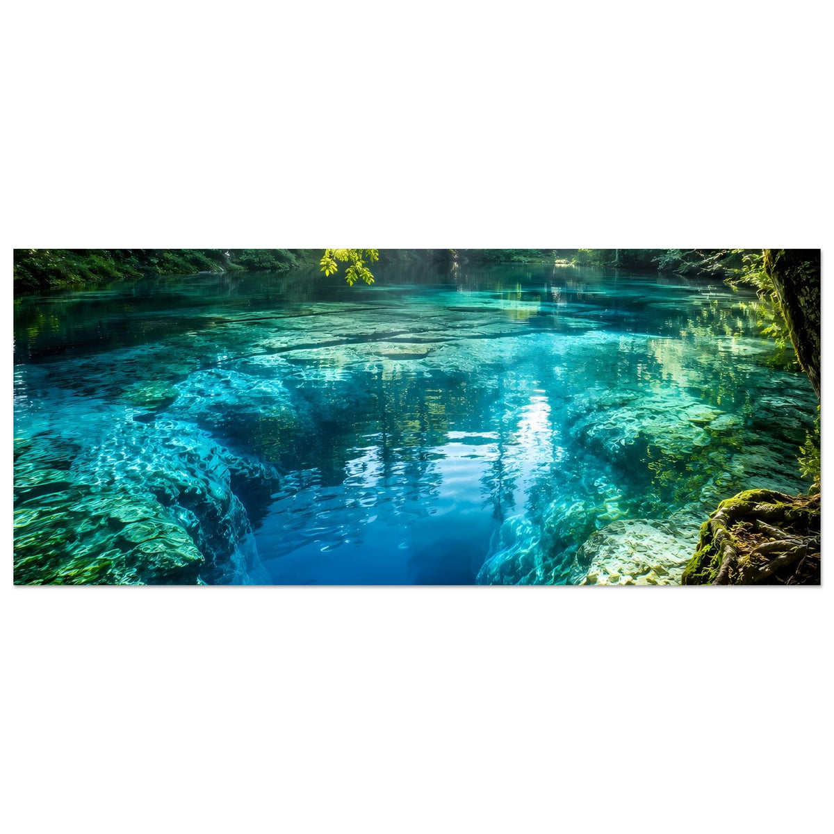 Wandposter im Querformat: türkisblaues Wasserbecken mit Felsen und grünen Pflanzen