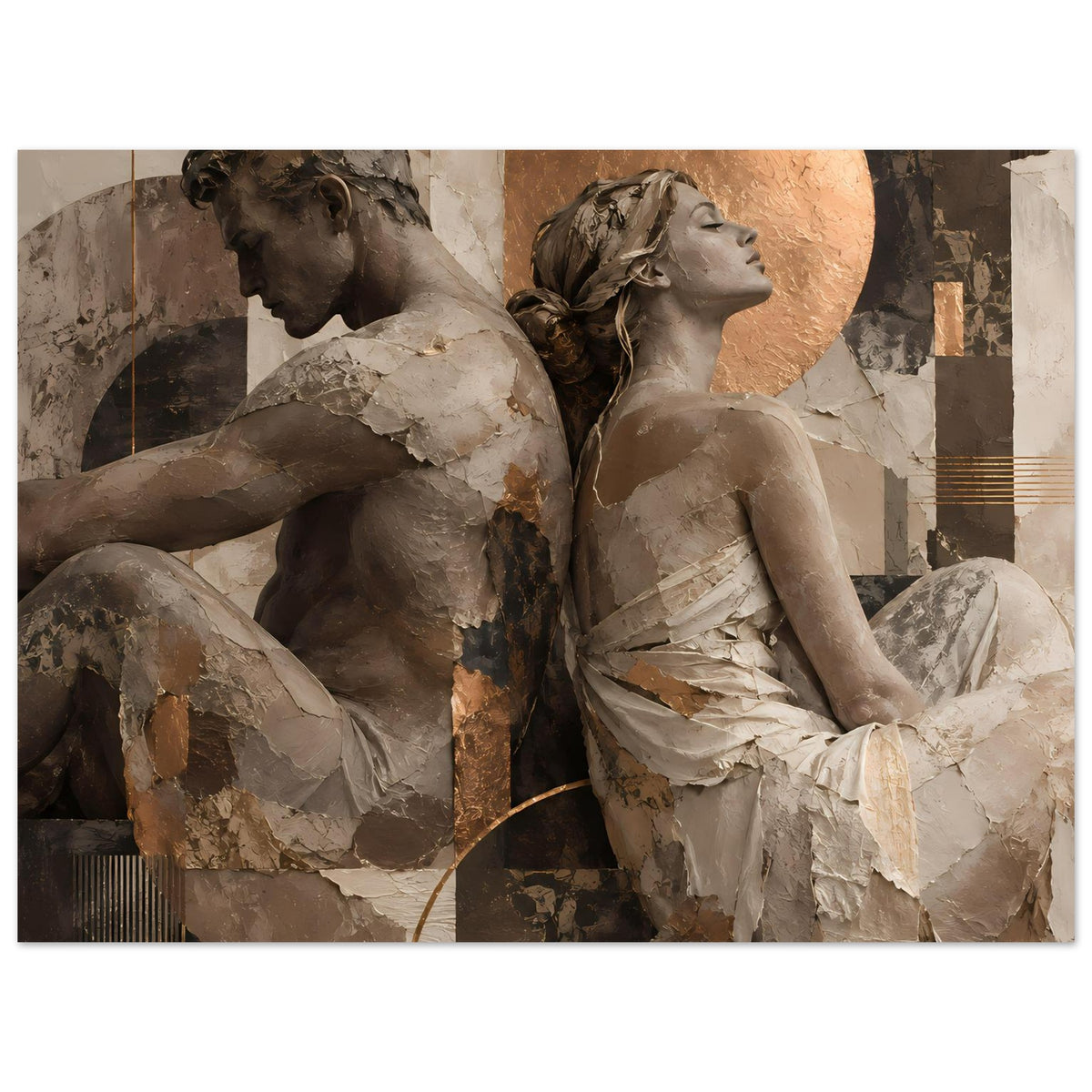 Horizontales Kunstposter mit zwei Skulpturen, warme Erdtöne und goldene Linien am Rand