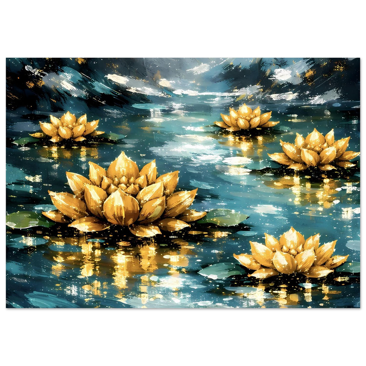 Poster mit goldenen Lotusblüten auf spiegelndem Wasser, blau-türkise Landschaft mit Wolken