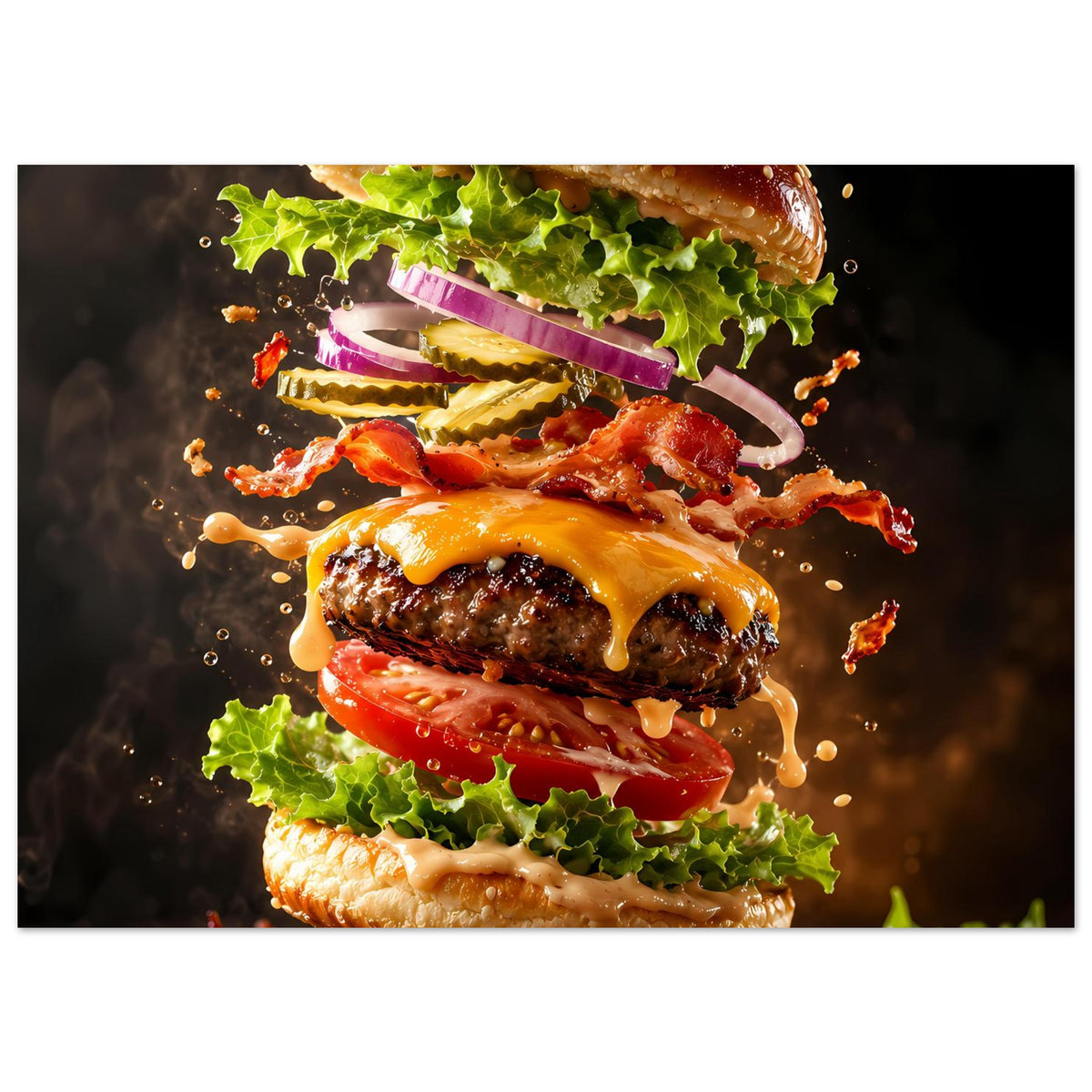 Querformatiges Burger-Poster mit Käsefäden, Salat und Patty, feurige Spritzer