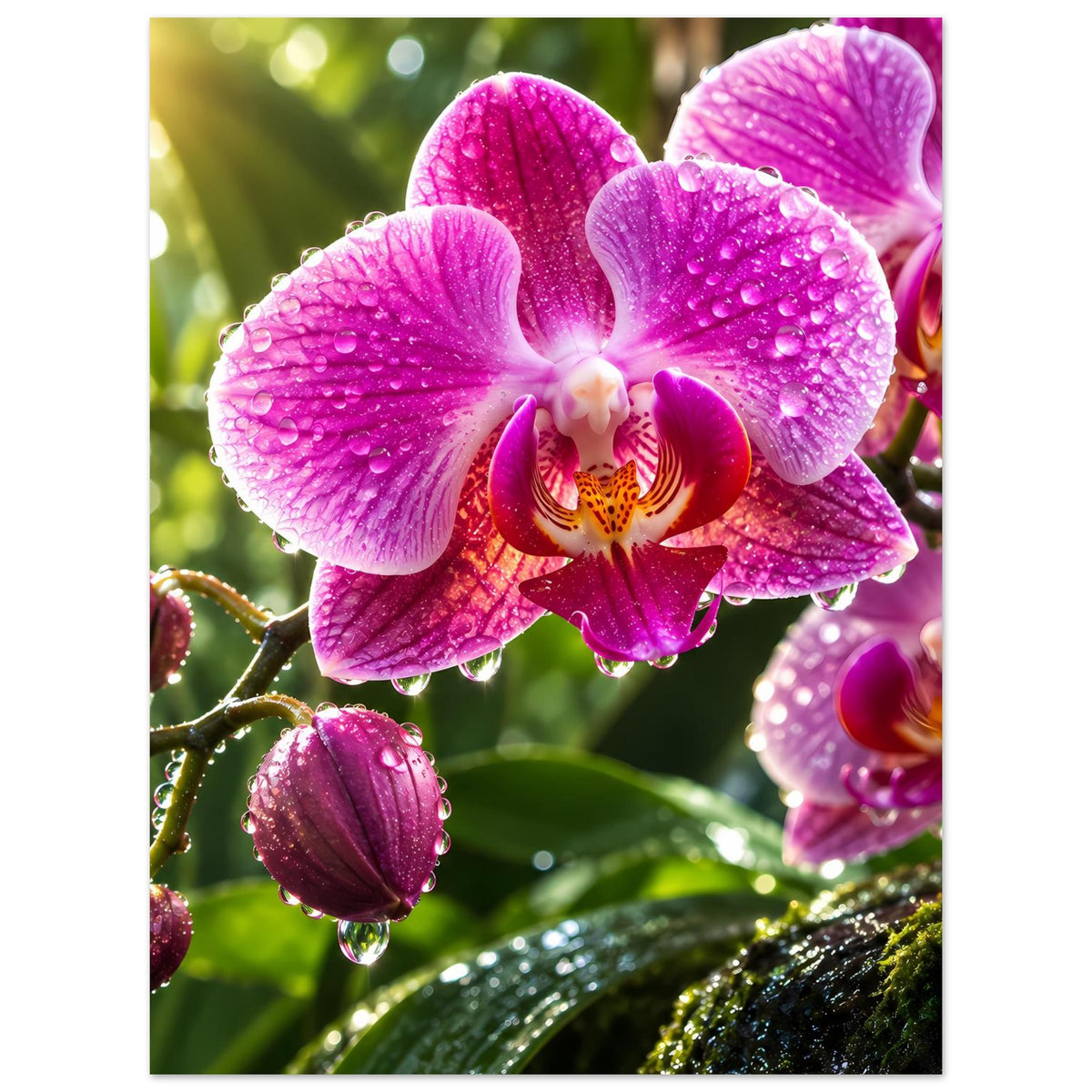 Poster mit lila Orchideenblüte, umgebende Tropfen auf Blättern und Knospen