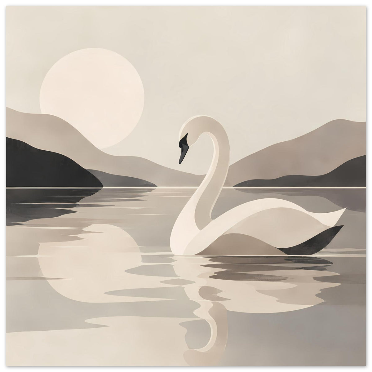 Kunstposter mit weißem Schwan im Vordergrund, Wasserlinie, Reflexion und weiche Wolkenformen