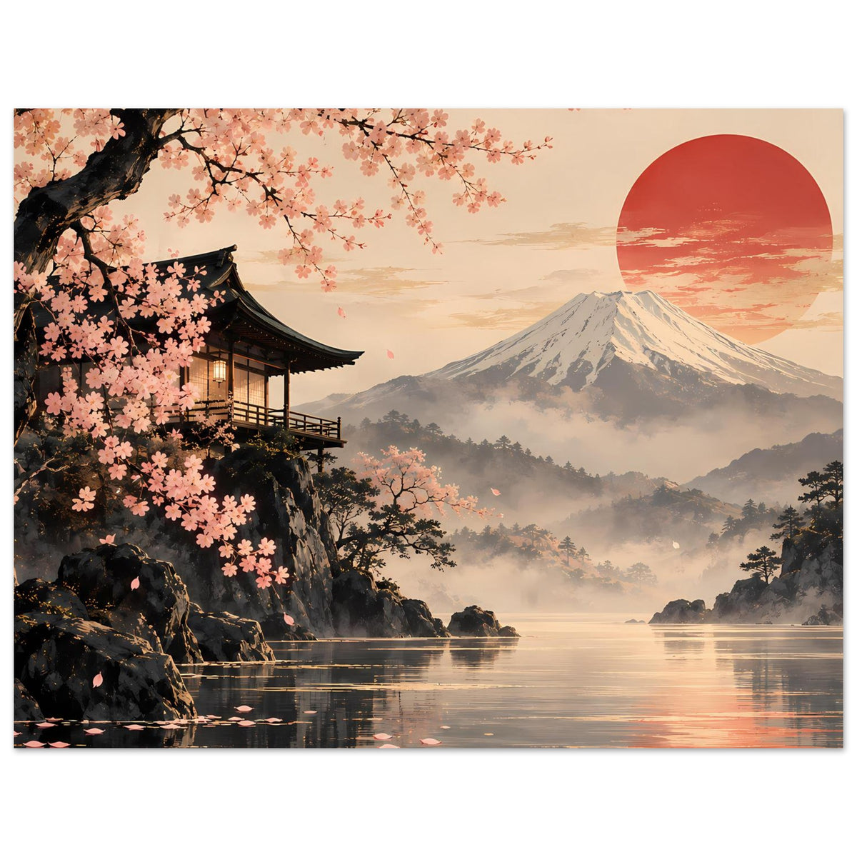 Wandposter im Querformat mit Kirschblüten, japanischem Pavillon, Mount Fuji und rotem Sonnenkreis
