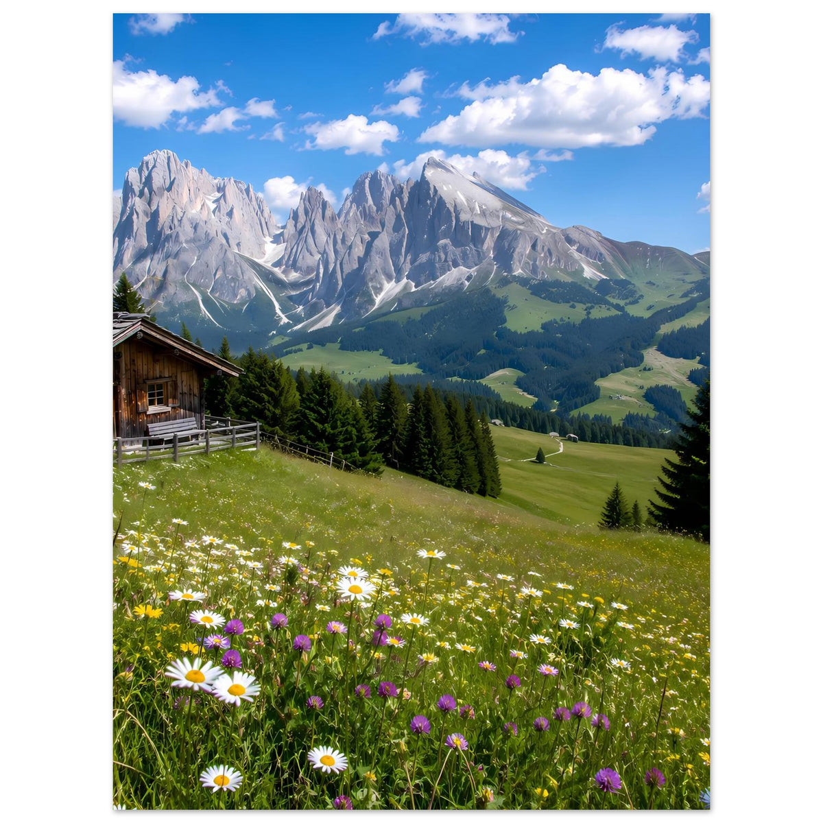 Alpenlandschafts-Poster mit Bauernhaus, Wiesenblumen und schneebedeckten Bergen im Hintergrund