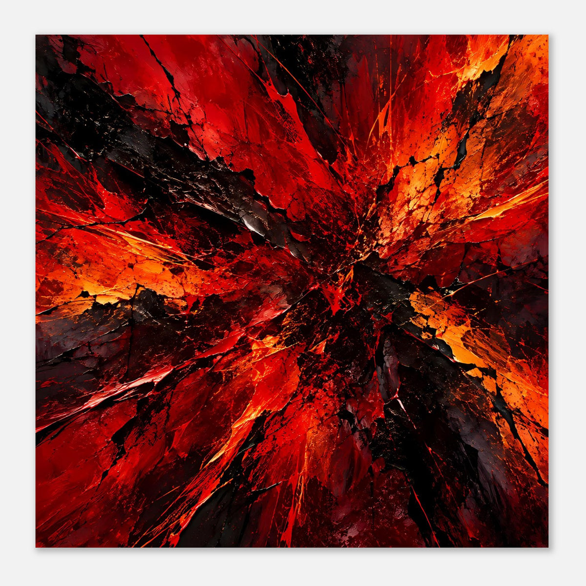 Quadratisches Poster mit explosivem abstraktem Muster in Rot, Orange und Schwarz