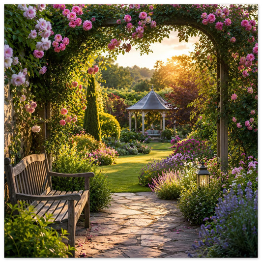 Gartenweg-Poster mit Blütenbogen, Bank, Laterne und Gartenlaube im Sonnenlicht