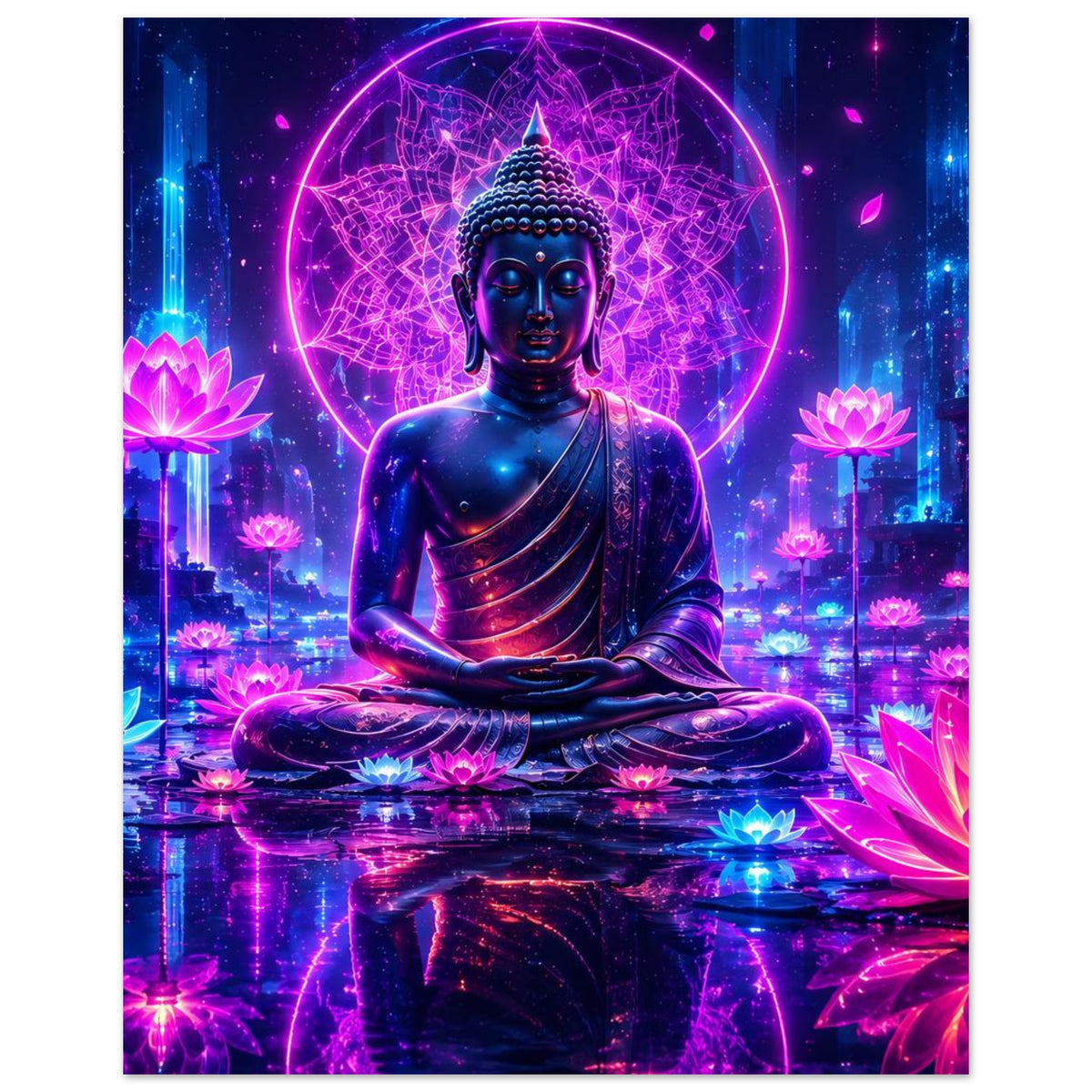 Meditierender Buddha auf Poster mit neonpinkem Kreis, blauem Buddha, leuchtende Lotusblüten