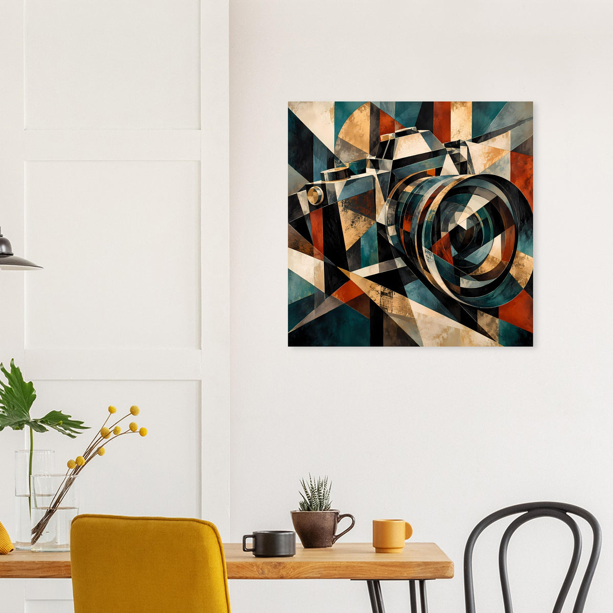 Quadratisches Poster mit abstrakter Retro-Kamera in Petrol, Rostorange und Creme