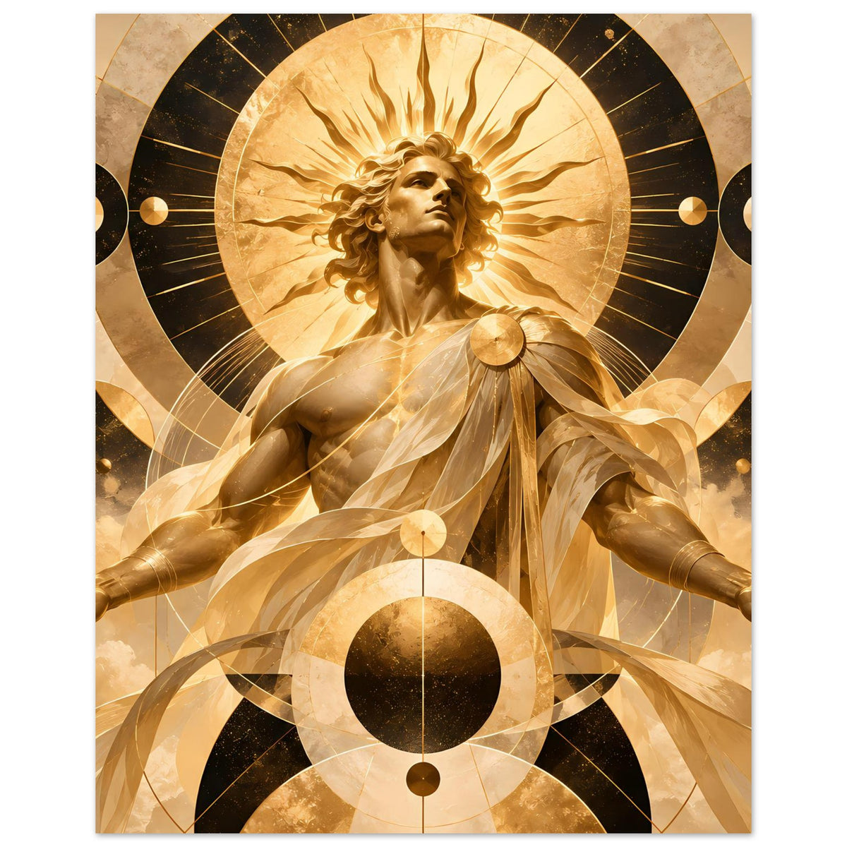 Goldenes Wandposter mit Engelsfigur, Strahlenkranz und Kreisornamenten, Hochformat