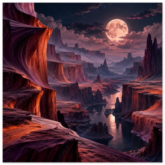 Landschaftsposter mit Mondsichel über Canyon, Fluss und hohen Felswänden in Rot- und Violetttönen