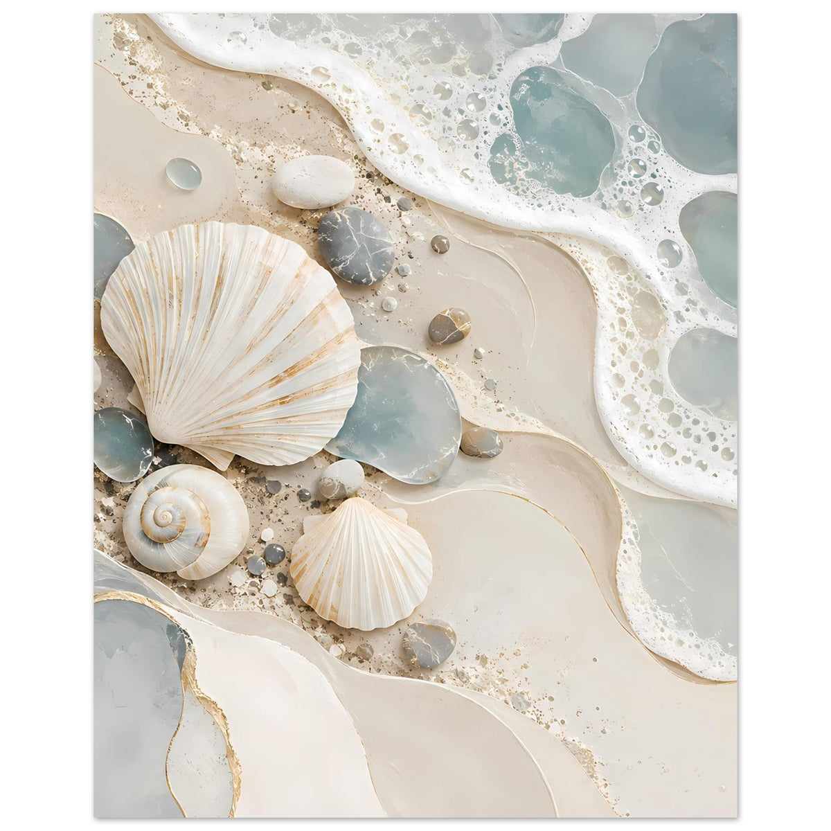 Küstenmotiv-Poster mit Muscheln, kleinen Steinen und Wellen­schaum in hellen Sand- und Blautönen