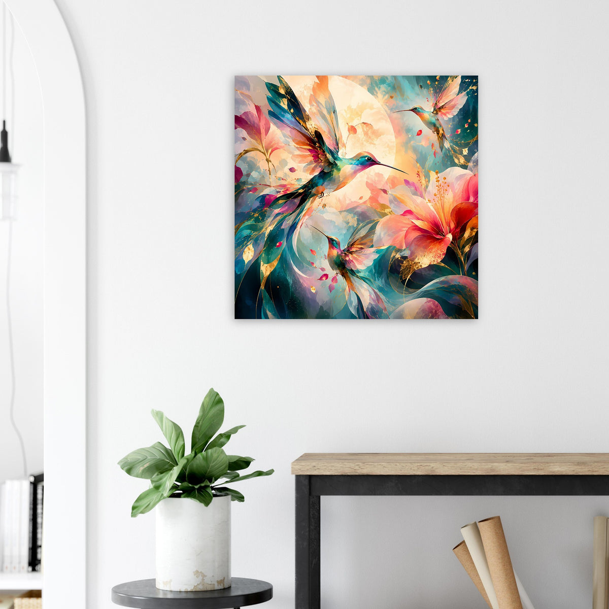 Quadratisches Kunstposter mit Kolibri und Blüten, leuchtende Farbtöne im Aquarellstil
