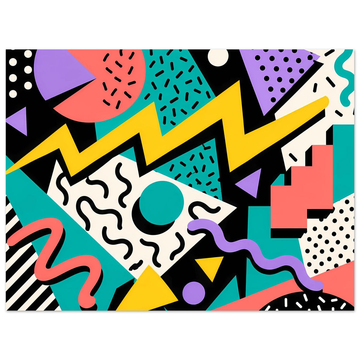 Geometrisches Poster im Querformat mit bunten Dreiecken, Punkten, Kreisen und Wellen