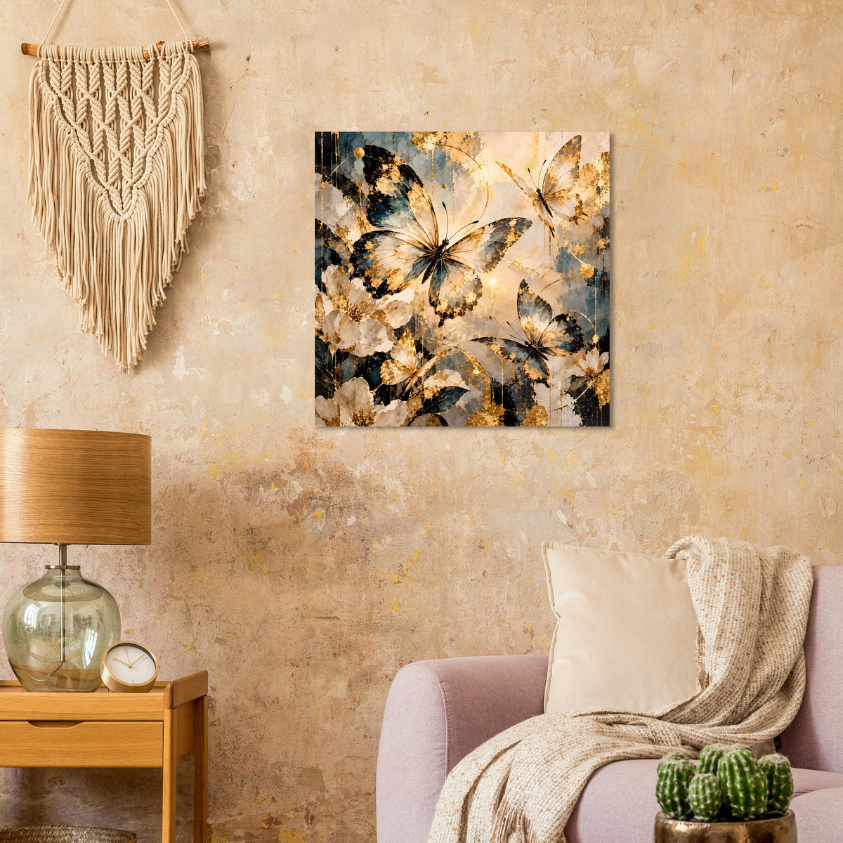 Quadratisches Poster mit farbigen Schmetterlingen in warmen Gold- und Blaunuancen.